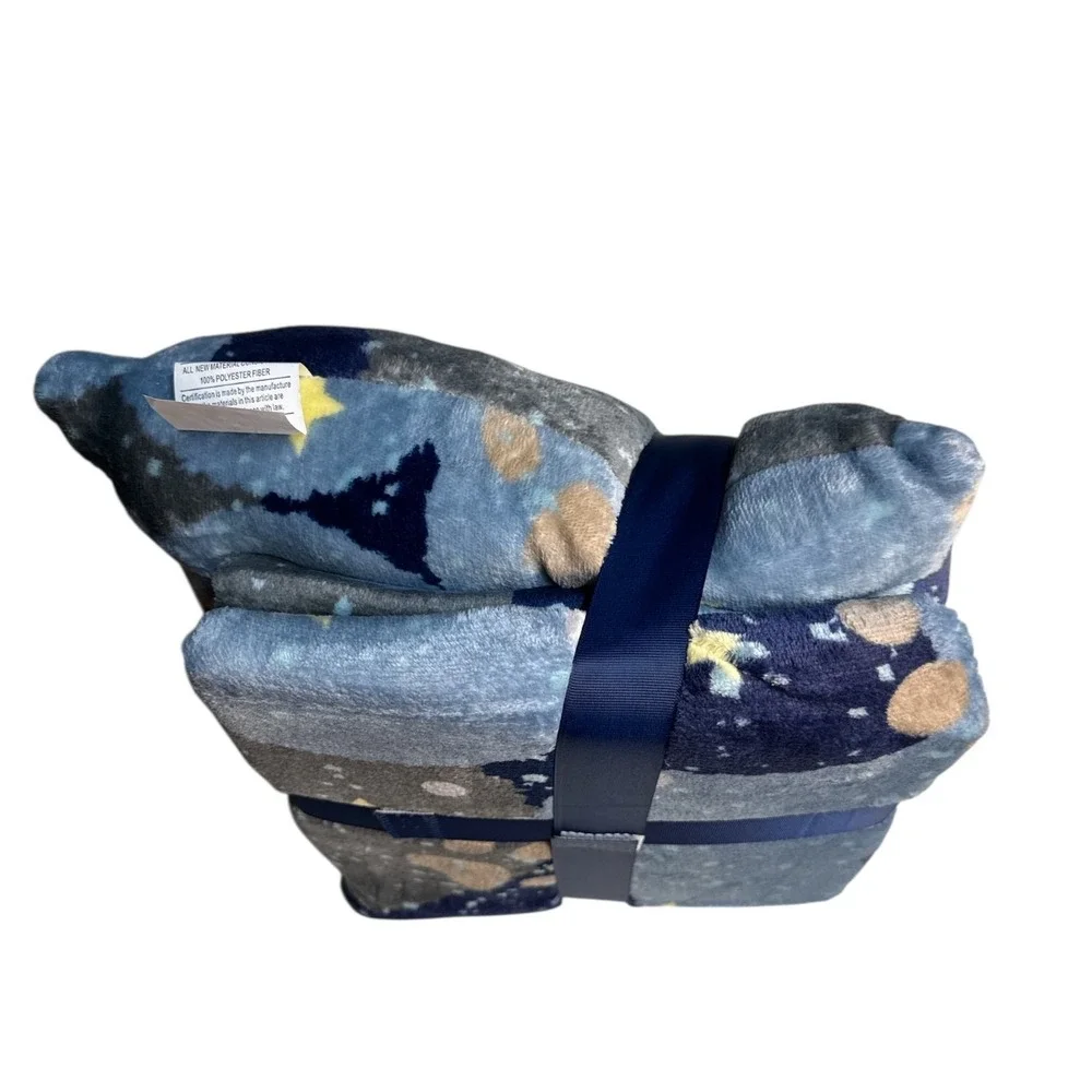 NWT ANA Pillow & Throw Gift Set‎ Blue Gray Moon Star Space Flannel Fleece 50x60